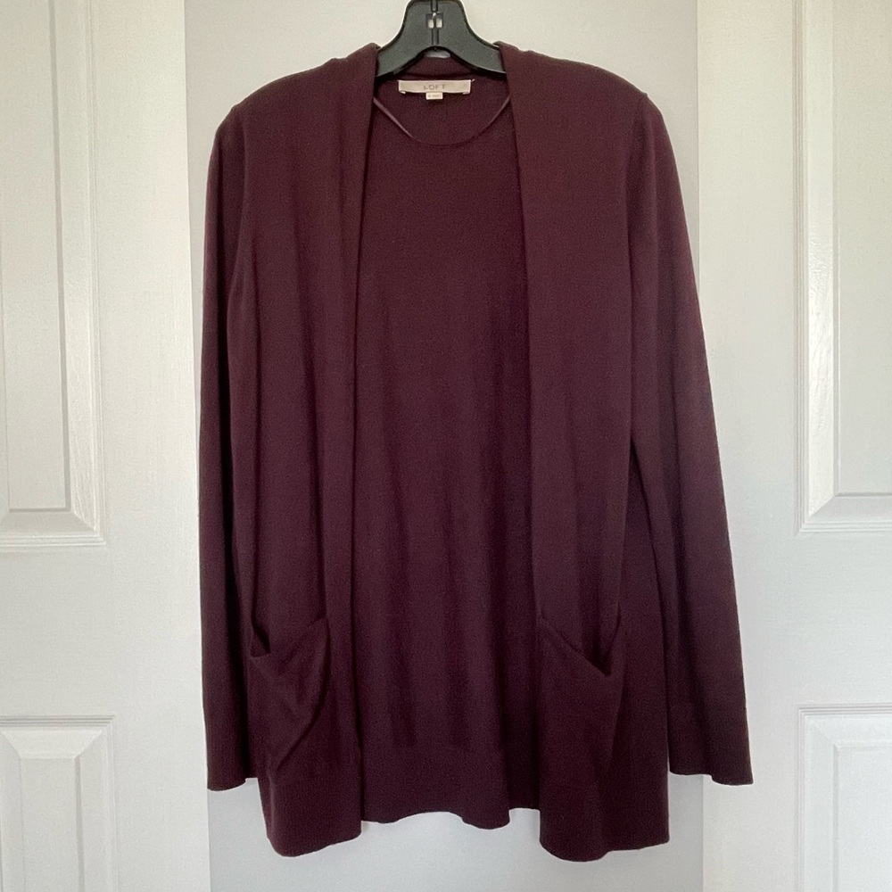 LOFT Deep Burgundy Lightweight Open Front Sweater